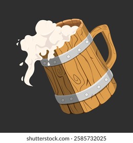 Vector beer mug with handle. Wooden glass of foam drink. A hand-drawn sketch. Engraving style. Color illustration for menu design, advertising, packaging, signage, banners, beer and restaurant Windows