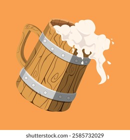 Vector beer mug with handle. Wooden glass of foam drink. A hand-drawn sketch. Engraving style. Color illustration for menu design, advertising, packaging, signage, banners, beer and restaurant Windows