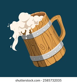 Vector beer mug with handle. Wooden glass of foam drink. A hand-drawn sketch. Engraving style. Color illustration for menu design, advertising, packaging, signage, banners, beer and restaurant Windows