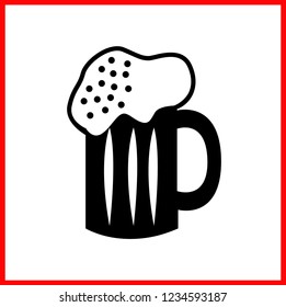 Vector beer mug icon isolated on white background. Foam on a glass of delicious beer. Black silhouette, drawing, illustration, flat symbol.