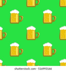 Vector Beer Mug Isolated on Green Background. Seamless Pattern.