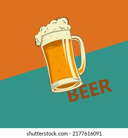 Vector beer mug on an orange-green background. The beer is foamy