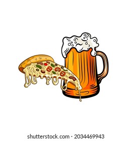 Vector Beer Mug and Pizza Slice Vintage Hand Drawn Style Colorful Illustration Isolated on White Background, Fast Food and Beer.