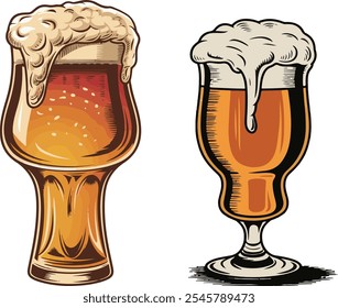 Vector beer mugs with foam beer set in vintage style isolated on the background