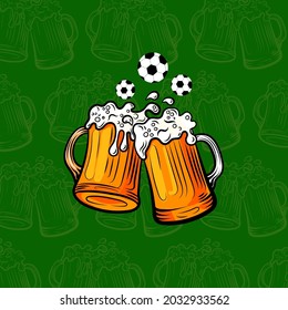 Vector Beer Mugs and Football Ball on Green Background, Colorful Illustration Template, Watching Soccer in a Bar Concept, Graphic Hand Drawn Style Art.