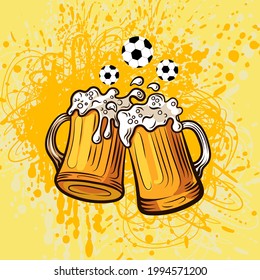 Vector Beer Mugs and Football Balls in Foam, Colorful Illustration Template.