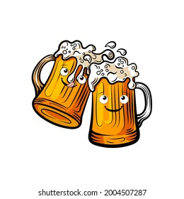 Vector Beer Mugs with Funny Faces Isolated on White Background, Cheers Colorful Illustration.