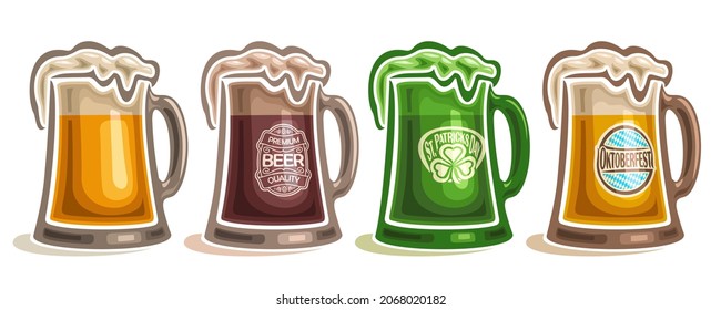 Vector Beer Mugs Set, lot collection of cut out illustrations different refreshing frothy beer with variety labels on white background.