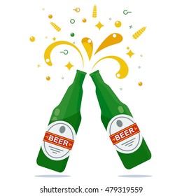 Vector beer party. Beer bottles, fireworks, celebration. Design elements for marketing, advertising, promotion, branding and media. Flat cartoon illustration. Objects isolated on a white background.