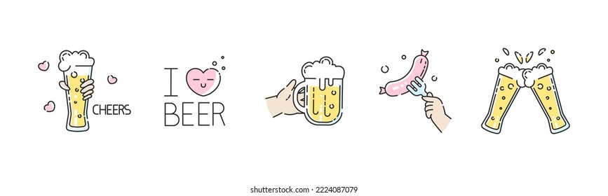 Cerveza vectorial e íconos de la fiesta Me encanta la señal de la cerveza con los corazones, me encanta la etiqueta de la cerveza, la taza de cerveza, el brindis, la salchicha en un tenedor, las ovaciones de la fiesta. Moderno y colorido conjunto de diseño plano.