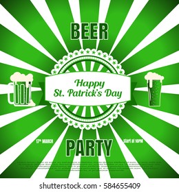 Vector Beer party poster for Happy St. Patrick's Day on the gradient green background with vintage label, rays, goblets of beer and text.