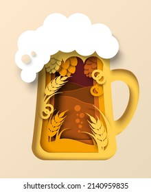 Vector beer pint glass mug with foam. Bar draft drink design isolated illustration. Cup of ale with froth, wheat ears and hops. Brewery and Oktoberfest festival design element