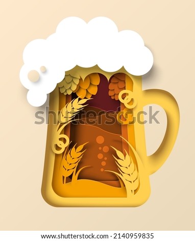 Vector beer pint glass mug with foam. Bar draft drink design isolated illustration. Cup of ale with froth, wheat ears and hops. Brewery and Oktoberfest festival design element