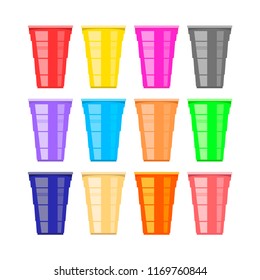 Vector Beer Pong Tournament. Colorful Plastic Cups Isolated on White Background. Fun Game for Party. Traditional Drinking Time.