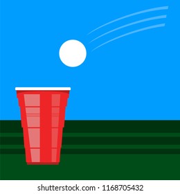 Vector Beer Pong Tournament. Red Plastic Cup and White Tennis Ball on Green Table. Fun Game for Party. Traditional Drinking Time.
