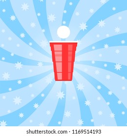 Vector Beer Pong Tournament. Red Plastic Cup and White Tennis Ball on Blue Starry Background. Fun Game for Party. Traditional Drinking Time.