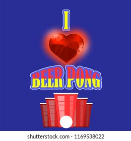 Vector Beer Pong Tournament. Red Plastic Cup and White Tennis Ball on Blue Background. Fun Game for Party. Traditional Drinking Time.