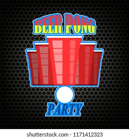 Vector Beer Pong Tournament. Red Plastic Cup and White Tennis Ball on Perforated Background. Fun Game for Party. Traditional Drinking Time.