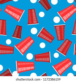 Vector Beer Pong Tournament. Red Plastic Cup and White Tennis Ball on Blue Background. Fun Game for Party. Traditional Drinking Time.