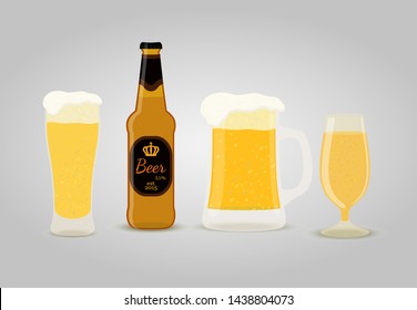 Vector beer set - bottle, cups, big glasses of frothy drink. The golden liquid in goblets, cartoon flat style.