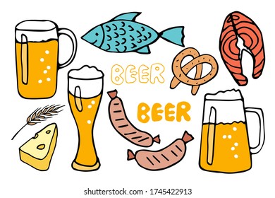 Vector beer Set. Beer glasses and snack Isolated on white background. Hand drawn doodle collection. Mug, glass, Bavarian sausage, pretzel, salmon, fish, cheese, lettering. For party, card, menu, logo