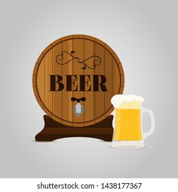 Vector beer set - wooden barrel with cup, big glass of frothy drink. The golden liquid, keg or cask in cartoon flat style.