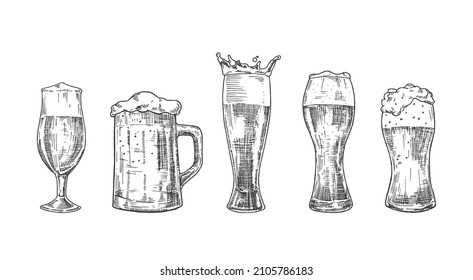 Vector Beer Sketch Set. Hand Drawn Collection of Illustrations of Mugs and Glasses Beverage. Isolated