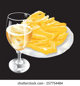 Vector beer and snacks on plate isolated.