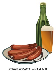 Vector beer in a Soviet bottle and in a glass with fried sausages