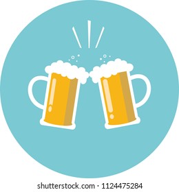 Vector beer splashing, Flat design of two glasses isolated on blue circle background