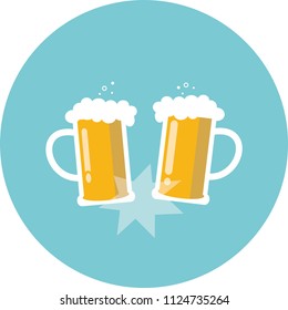 Vector of beer splashing, Flat design of two glasses isolated on blue circle background