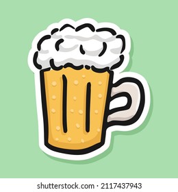 Vector Beer Sticker In Hand Drawn Style. Colorful Symbol Ale With Black Line Art. Isolated Illustration On White Background.