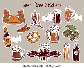 Vector beer sticker pack featuring hand-drawn doodles of beer mugs, cans, bottles, barrels, malt, wheat, and related elements. Perfect for craft beer branding, packaging, menus, and digital projects