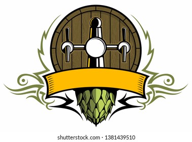 Vector Beer Tap With Banner, Floral Tribal Ornaments, Hop Cone And Wooden Beer Barrel On Background, Vintage Style Vector Beer Logo.