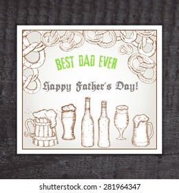 vector beer vintage hand drawn greeting card for father's day with label "best dad ever", bottle, pretzel and glass