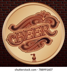 Vector beer wooden barrel on a brick wall background