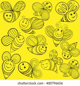 Vector bees for adult coloring page. Hand drawn funny magic yellow bee for t-shirt print in zentangle, tattoo design. Patterned doodle with fairy tail insects. Happy flying bee.