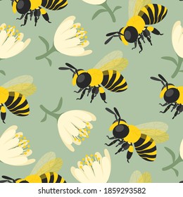 vector bees and flower seamless pattern on green
