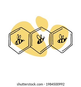 Abejas vectoras con panal de miel. Ilustración lineal a mano con manchas brillantes es perfecta para el diseño de miel, identidad de marca de apicultor, logotipo floral, icono, etiqueta, tarjeta, afiche