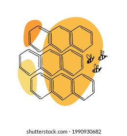 Abejas vectoras con panal de miel. Ilustración lineal a mano con manchas de color naranja brillante es perfecta para el diseño de miel, identidad de marca de apicultor, logotipo, icono, tarjeta, etiqueta, afiche