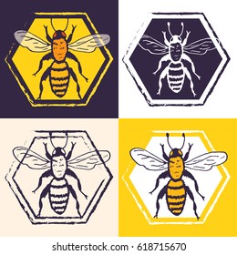 Vector bees set illustration. Hand drawn ink sketch with bumblebee insect. Wild animal drawing with honeycombs on background