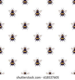 Vector bees set - seamless pattern. Hand drawn ink sketch with bumblebee insect. Wild animal drawing