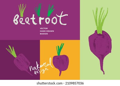 Vector beetroot drawing in trendy pencil hand-drawn style. Purple sugar beet illustration for vegan restaurant logo design, vegetarian symbol. Organic food sign. Cartoon vegetables for label or banner