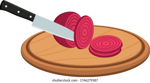 Vector beetroot on wooden cutting board - sliced by knife. Chopped vegetables, fresh nutrition in cartoon flat style.