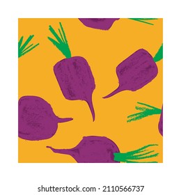 Vector beetroot pattern seamless. Sugar beet background for label, banner, packaging design. Fabric vegan ornament. Vegetarian background. Pencil Illustration. Vegan wallpaper. Purple root vegetable.