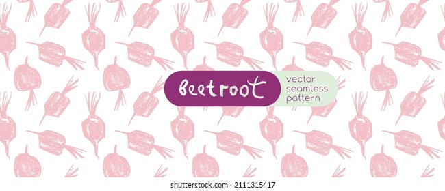 Vector beetroot pattern seamless. Sugar beet background for label, banner, packaging design. Fabric vegan ornament. Vegetarian background. Pencil Illustration. Vegan wallpaper. Purple root vegetable.