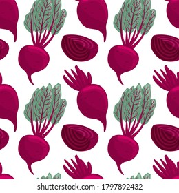 Vector beetroot seamless pattern in cartoon style. Bright beet vegetables isolated on white background. Healthy organic beets with leaves and beetroot slices for autumn farm market design.