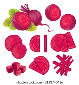 Vector beets on a white background. A set of fresh beets of different shapes. Cut the whole red beets into halves and wedges.