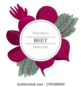 Vector beets round label with text space. Fresh beetroot slices round background in cartoon style for autumn farm market design.