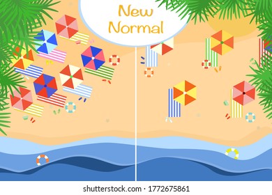 Vector - Before and after of New normal concept. Top view of towel, umbrella, swim ring on the beach. New Normal during Coronavirus (Covid-19) pandemic. Healthcare, Protection.